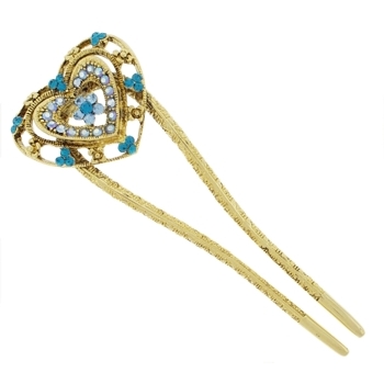 Karen Marie - Antique Heart Chignon Pin - Aqua & Light Sapphire (1)