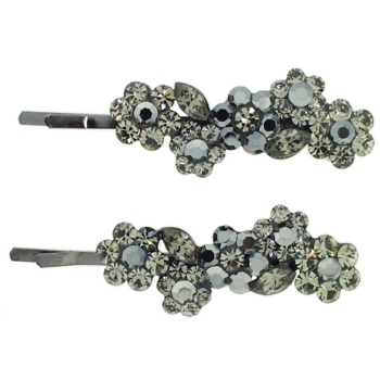 Karen Marie - Crystal Flower Bouquet Bobby Pins - Black Diamind w/ Antique Silver (Set of 2)