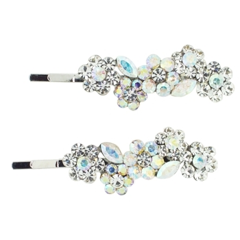 Karen Marie - Crystal Flower Bouquet Bobby Pins - White w/Silver (Set of 2)