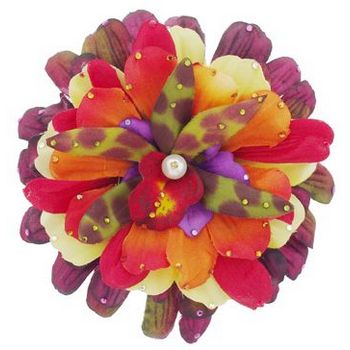 Michelle Roy - Large Layered Blooming Flower Clip - Purple, Yellow, Red, Orange, and Tiger Orchid with Swarovski Crystals