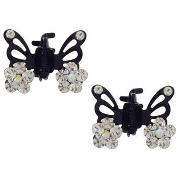 Karen Marie - Tiny Crystal Flower Black Butterfly Claw - White (Set of 2)