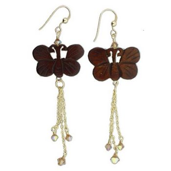 Michele Busch - Earrings - Set of Wood Carved Butterflies w/Dangling Gold Chains & Sparkling Champagne Beads