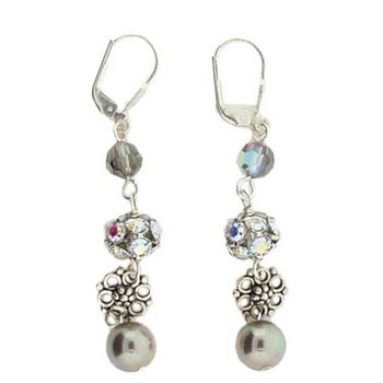 Michele Busch - Earrings - Set of Dangling Taupe Pearl, Sterling Flower, and Swarovski Crystal & Rhinestone Bauble