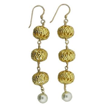 Michele Busch - Earrings - Set of 3 Tiered Gold Filigree Globes w/Dangling Pearls