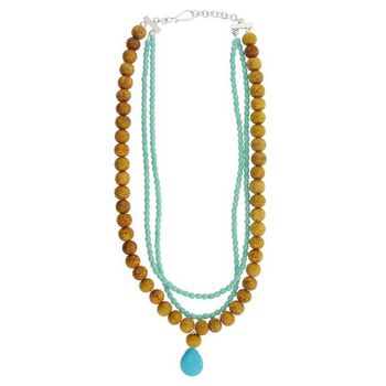Michele Busch - Necklace - 3 Strand Turq Czech Beads & Tan Speckled Wood Beads w/Teardrop Flat Turq Pendant