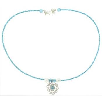 Pink Lily - Necklace - Aqua & Clear White Beads w/Charm