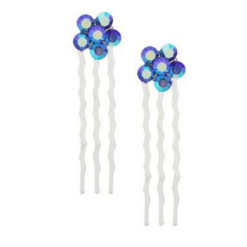 Karen Marie - Petite Crystal Flower Comb - Blue AB w/Silver Comb (Set of 2)