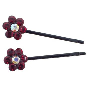 Karen Marie - Crystal Flower Bobby Pins - Red - Black (Set of 2)