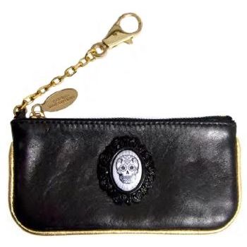 Tarina Tarantino - City Girl L.A. Leather Zipped Clutch on Key Chain with Skull Cameo - Black