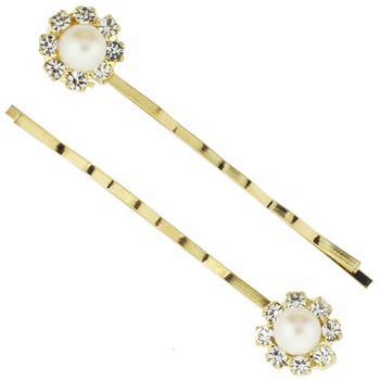 Karen Marie - Crystal & Pearl Flower Bobby Pins - White/Gold (Set of 2)