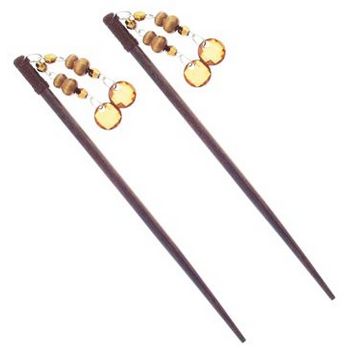 Karen Marie - Dangling Beads Wood Hairsticks - Chocolate/Amber (Set of 2)