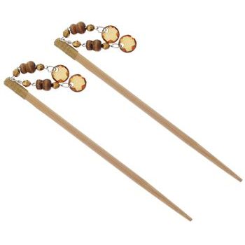 Karen Marie - Dangling Beads Wood Hairsticks - Caramel/Amber (Set of 2)
