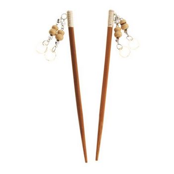 Karen Marie - Dangling Beads Wood Hairsticks - Taupe (Set of 2)