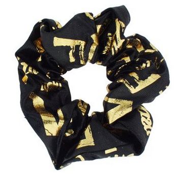 HB HairJewels - Leather Inspired Gold Graffiti Embossed Pony Elastic - Black (1)