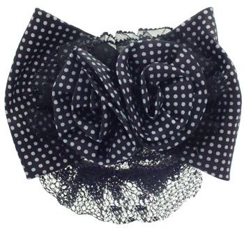 HB HairJewels - Lucy Collection - Black Lace Snood with Black and White Polka Dot Flower Bow