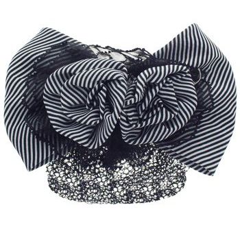 HB HairJewels - Lucy Collection - Black Lace Snood with Black and White Striped Flower Bow