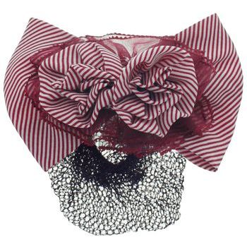 HB HairJewels - Lucy Collection - Black Lace Snood with Red and White Striped Flower Bow