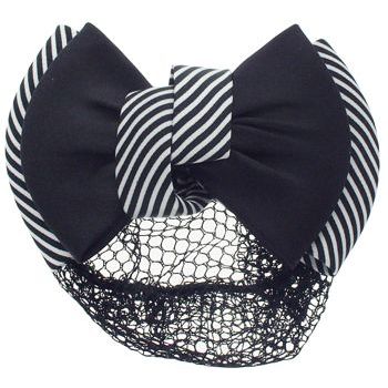 HB HairJewels - Lucy Collection - Black Lace Snood with Black and White Striped Zig Zag Bow