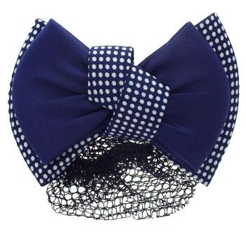 HB HairJewels - Lucy Collection - Black Lace Snood with Navy and White Polka Dot Zig Zag Bow