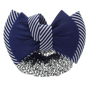 HB HairJewels - Lucy Collection - Black Lace Snood with Navy and White Striped Zig Zag Bow