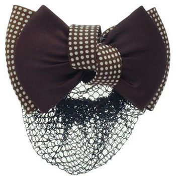 HB HairJewels - Lucy Collection - Black Lace Snood with Chocolate and White Polka Dot Zig Zag Bow