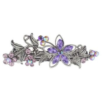 Karen Marie - Large Crystal Flower & Foliage Barrette - Amethyst