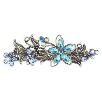Karen Marie - Large Crystal Flower & Foliage Barrette - Blue