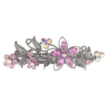 Karen Marie - Large Crystal Flower & Foliage Barrette - Pink