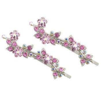 Karen Marie - Crystal Flower Vine Bobby Pins - Pink (Set of 2)