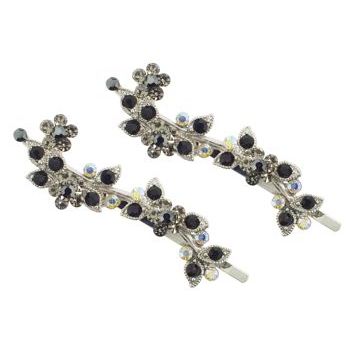 Karen Marie - Crystal Flower Vine Bobby Pins - Black (Set of 2)