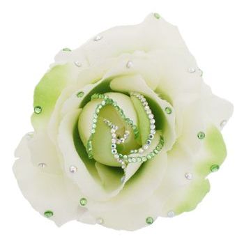 Michelle Roy - Large Silk Rose Clip - White w/ Lt Green & Swarovski Crystal Accents