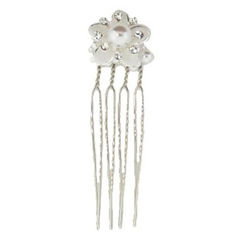 Betty Wales - White Enamel Flower w/Pearl & Crystal Accents Hairpin