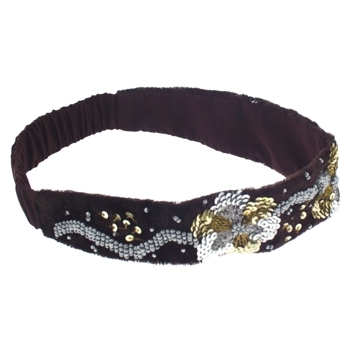 Joshipura - Crushed Velvet Flower Headwrap with Gold and Silver Beading - Chocolate