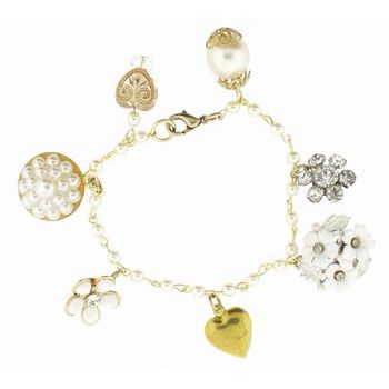 Dame Design - Small Charm Beadchain Bracelet w/Golden Hued Heart Charm - White Pearl (1)