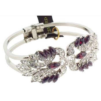 Gerard Yosca - Crystal & Garnet Stone Deco on Silver Hued Hinged Cuff (1)