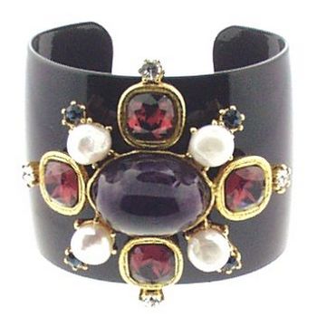 Gerard Yosca - Black Enamel Bracelet Cuff w/Starburst of Large Stones