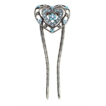 Karen Marie - Double Heart Metal Hairstick - Blue Crystals & Enamel Stones (1)