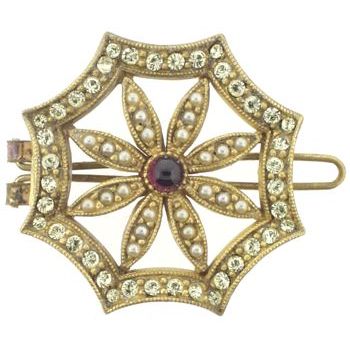 Linda Levinson - Brooch Hairclip - Gold w/Garnet Center - Swarovski Pearls & Crystals (1)