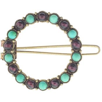 Linda Levinson - Round Brooch Hairclip - Gold w/Garnet & Turquoise Stones (1)