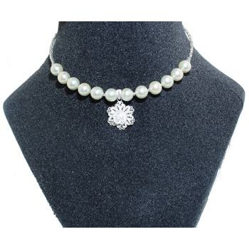 Michele Busch - Choker - Light Cream Pearl Beads w/Clear Crystal Seed Beads & Sterling Flower Center