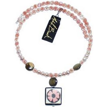 Michele Busch - Choker Necklace - Pink Pearls & Pink & Brown Accents w/Bone Flower Drop