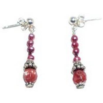 Michele Busch - Earrings - Pink & Brown Flower Handcrafted On Bone