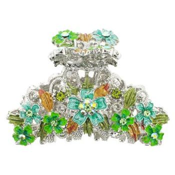 Rachel Weissman - Enamel Daisies on Silver Jaw Clip - Green