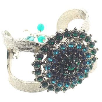 Seasonal Whispers - Silver Hued Bracelet Cuff w/Starburst of Emerald & Blue Topaz Stones (1)