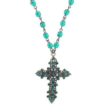 SOHO BEAT - Jeweled Cross Necklace with Emerald & Aquamarine Crystals