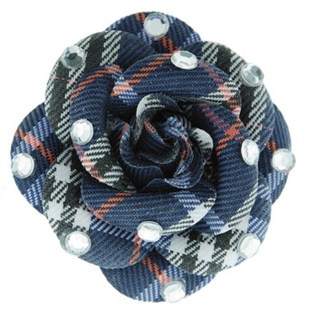SOHO BEAT - Crystal Avenue - Ivy League - Flowering Plaid Brooch Pin with Crystals - Navy Blue, Red, and Houndstooth