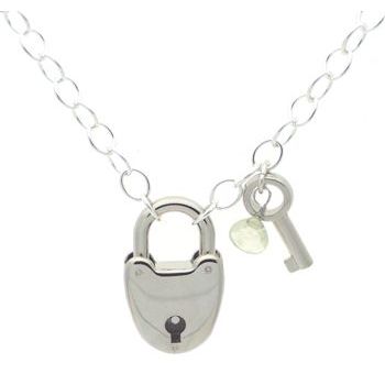 Karen Marie - Heart Lock Necklace - Silver with Mint Green Gem & Key