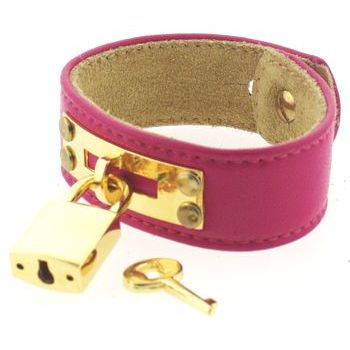 Karen Marie - Leather Cuff Bracelet - Hot Pink with Gold Padlock/Key