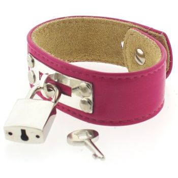 Karen Marie - Leather Cuff Bracelet - Hot Pink with Silver Padlock/Key