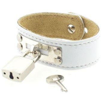 Sparkling Sage - Leather Cuff Bracelet - White with Silver Padlock/Key